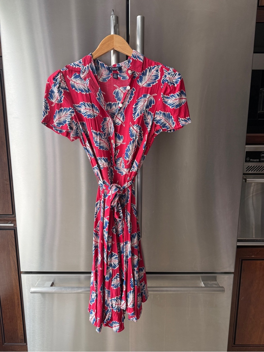 Chaps Red Navy White Leaf-Print Wrap Dress